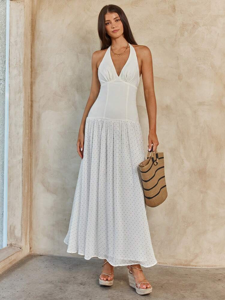 Spring/Summer Romantic Women's Elegant White Halter Neck Ruched Polka Dot Patchwork Casual Dress For Date, Vacation, Travel, Summer, Elegant & Chic,Sweet&Elegant For Vacation&Date&Holiday&Going Out,Elegant Dress For Women ,White Maxi Dress Women Summer Elegant Dress Summer Vacation Dress Resort Wear Women White Polka Dot Dress Maxi Vacation Dress | SHEIN