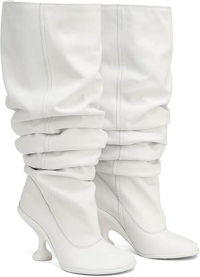 Women's Leather Knee High Boots Open Square Toe Pull On Slouchy Wide Calf Boots | Amazon (US)