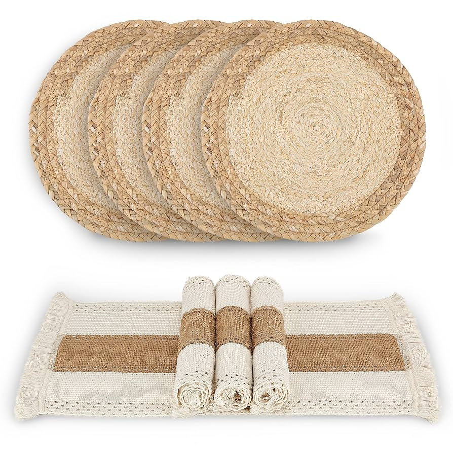 Handmade Boho Placemats Set of 4 - Natural Cotton Burlap and Water Straw Woven Combination Table ... | Amazon (US)