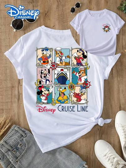 Disney Official Authorization, Women's Disney Cruise Line Character Print Casual Cotton T-Shirt, ... | SHEIN