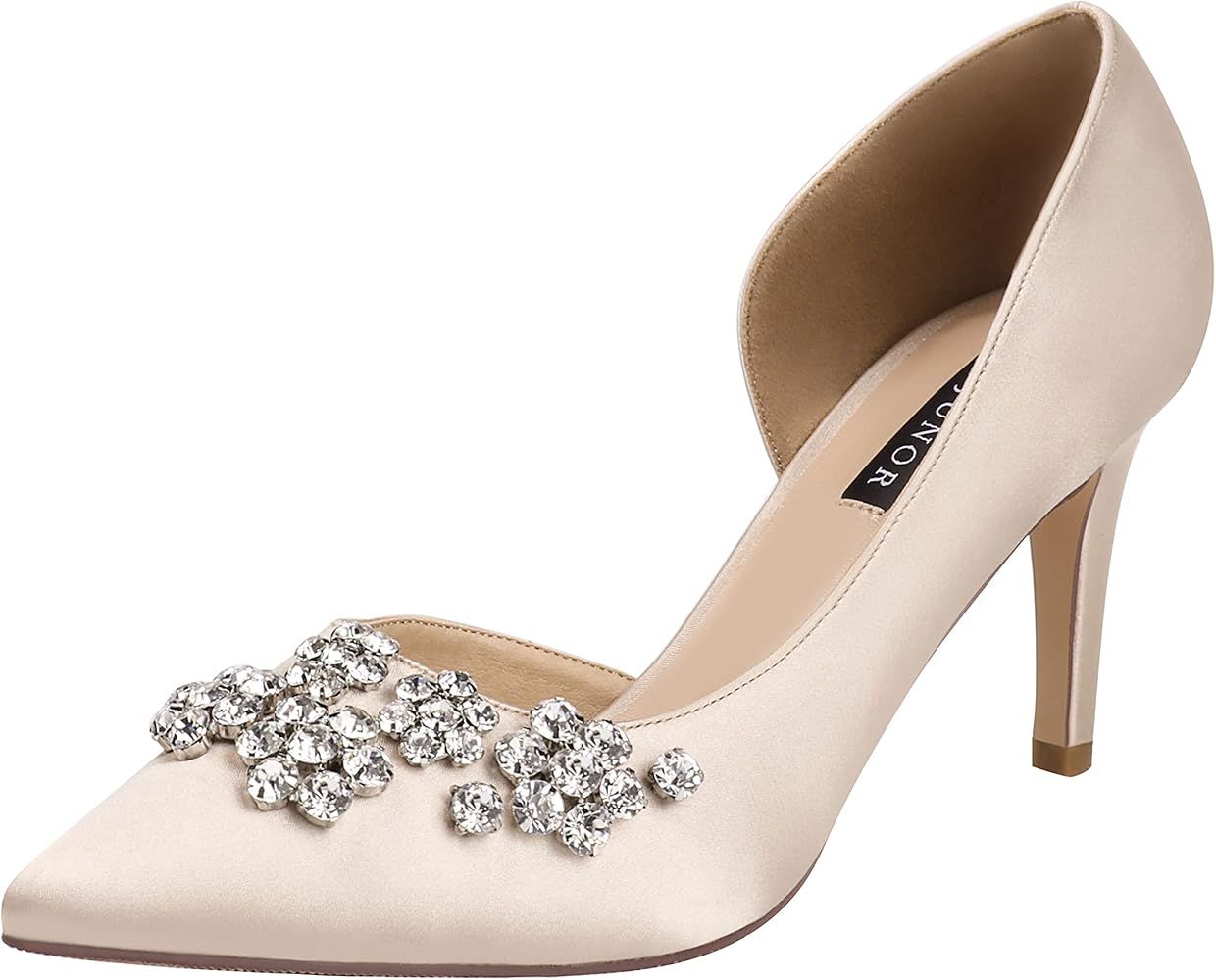 ERIJUNOR Pointy Toe Mid Heels Pumps Rhinestones Evening Party D’Orsay Satin Shoes for Women | Amazon (US)