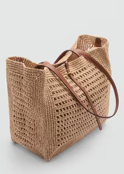 MANGO - Natural fibre shopper bag leather - One size - Woman | Mango (US/MX/AU)