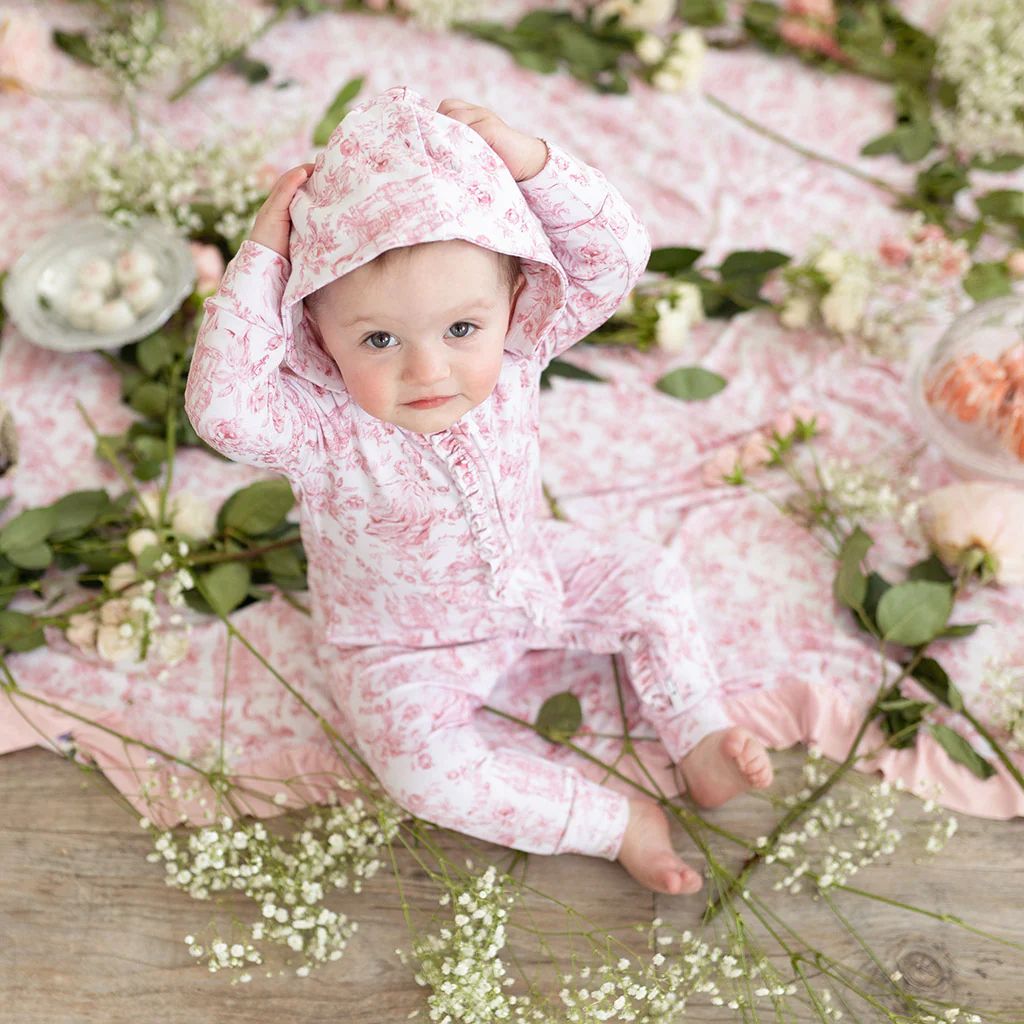 Floral White Ruffled Hooded Baby Romper | Antoinette | Posh Peanut