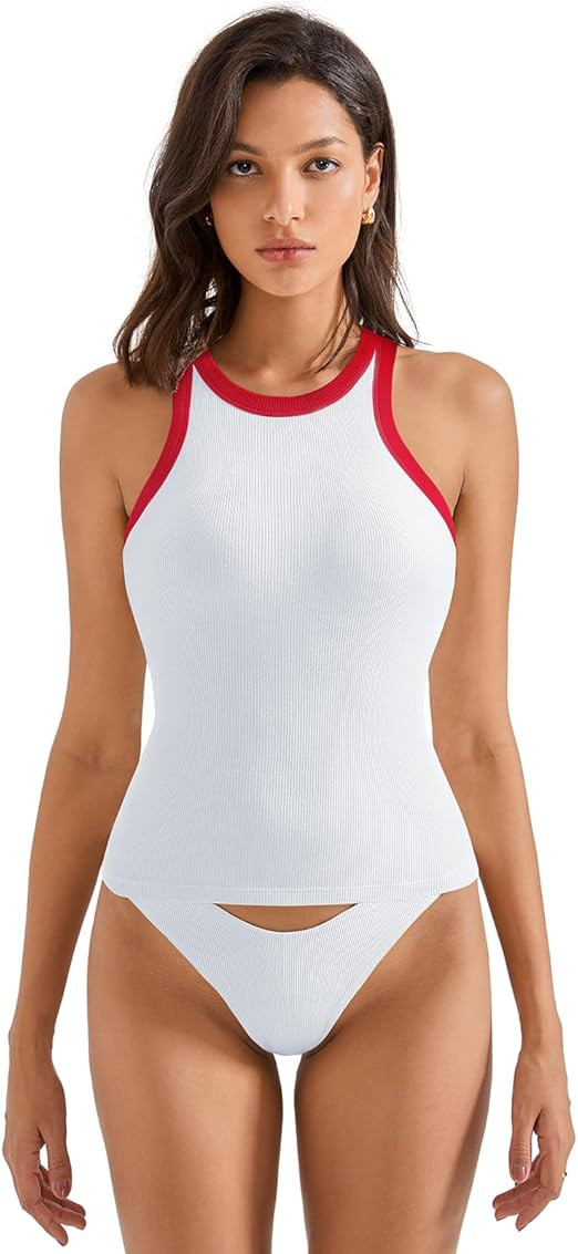 SUUKSESS Women Padded Cotton Ribbed Tank Tops High Neck Racerback Basic Tops | Amazon (US)