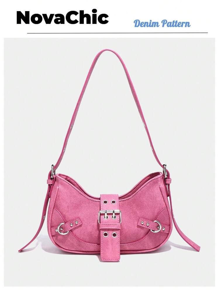 Goth Gothic Y2K Style 1pc Vintage Pink Pu With Rivets Decoration Punk Style Clasp Women's Shoulder Bag, With Adjustable Strap, Suitable For Daily Use, Perfect For Music Festival, Rock Style Bag For Women Valentines | SHEIN