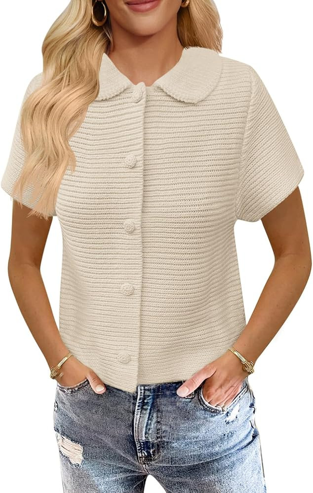Saodimallsu Womens Short Sleeve Cropped Cardigans Casual Summer Button Down Collared Lightweight ... | Amazon (US)