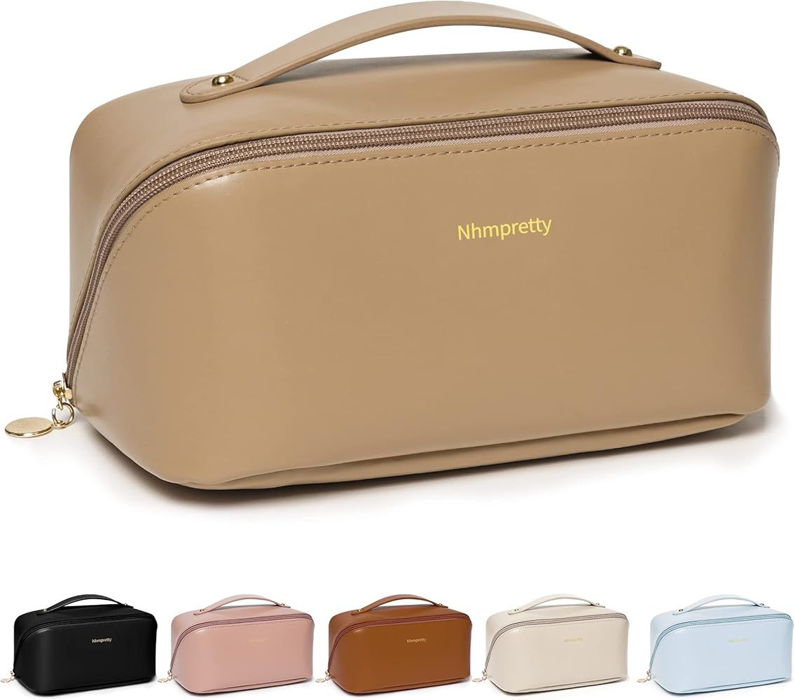 Nhmpretty Makeup Bag Large Capacity Zipper Make up Bag Leather Cosmetic Bag Waterproof Portable T... | Amazon (US)