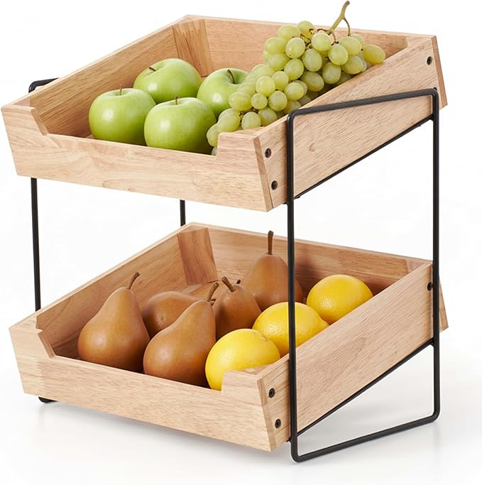 2-Tier Fruit Basket Countertop Organizer – Rubberwood & Metal Fruit Stand – Minimal Scandinav... | Amazon (US)