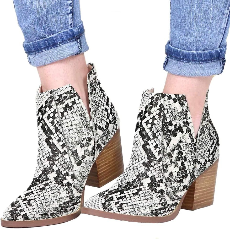 Kathmoi+Coutgo Womens Slip on Ankle Boots V Cutout Pointed Toe Chunky Stacked Mid Heel Booties | Amazon (US)