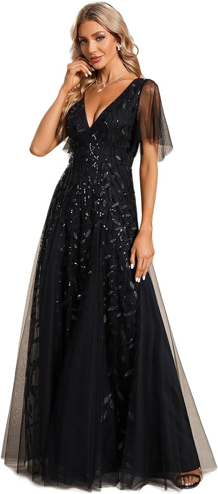 Ever-Pretty Women's Sequin Embroidery V-Neck Short Sleeve Maxi Evening Dress Prom Gowns 0734-USA | Amazon (US)