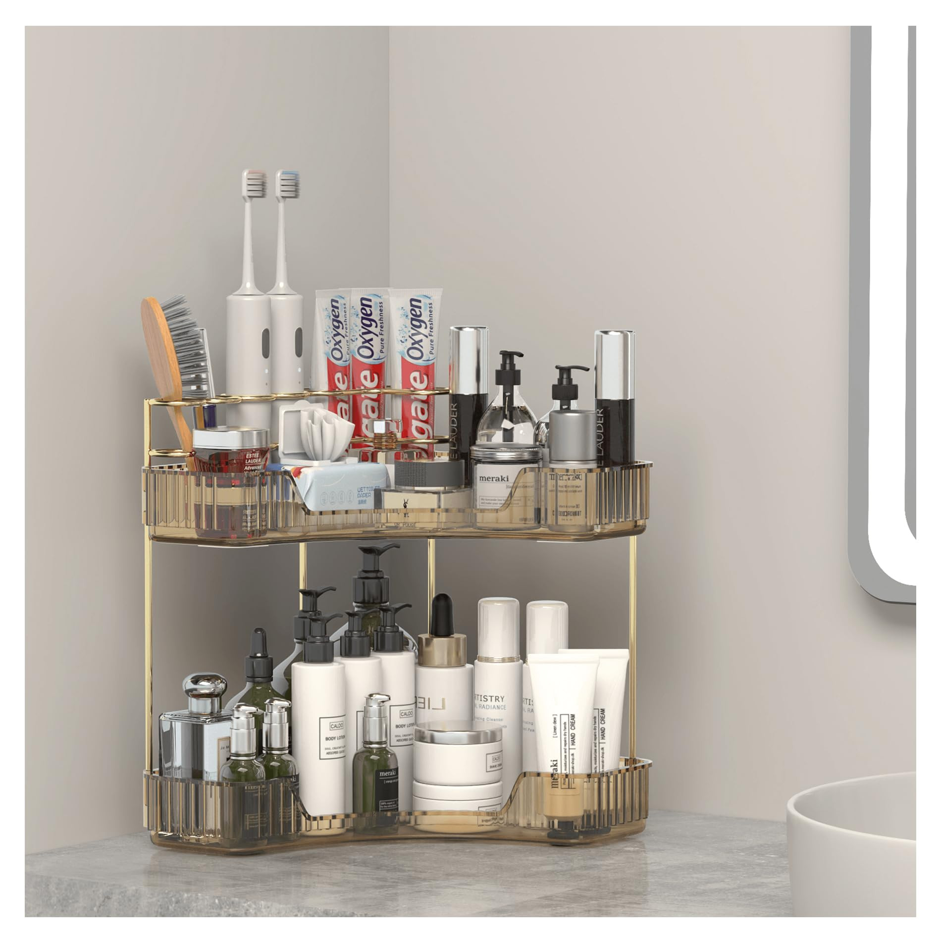 Corner Bathroom Counter Organizer with Top Toothbrush Holders, 2-Tier Make Up Organizers for Vani... | Amazon (US)
