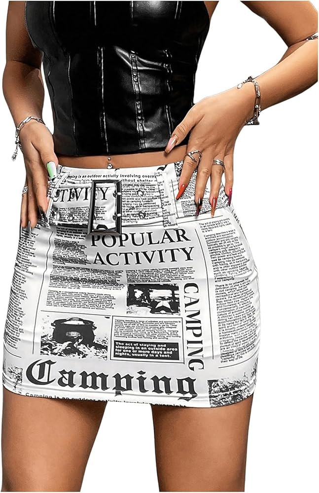 WDIRARA Women's Newspaper Print Skinny Hip Package Skirts Summer Buckle Decor Cheeky Mini Bodycon... | Amazon (US)