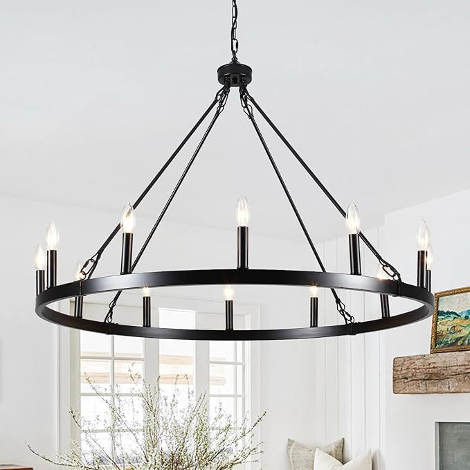 12-Light Black Wagon Wheel Chandelier for Dining Room Farmouse Pendant Light Fixtures Outdoor for... | Amazon (US)