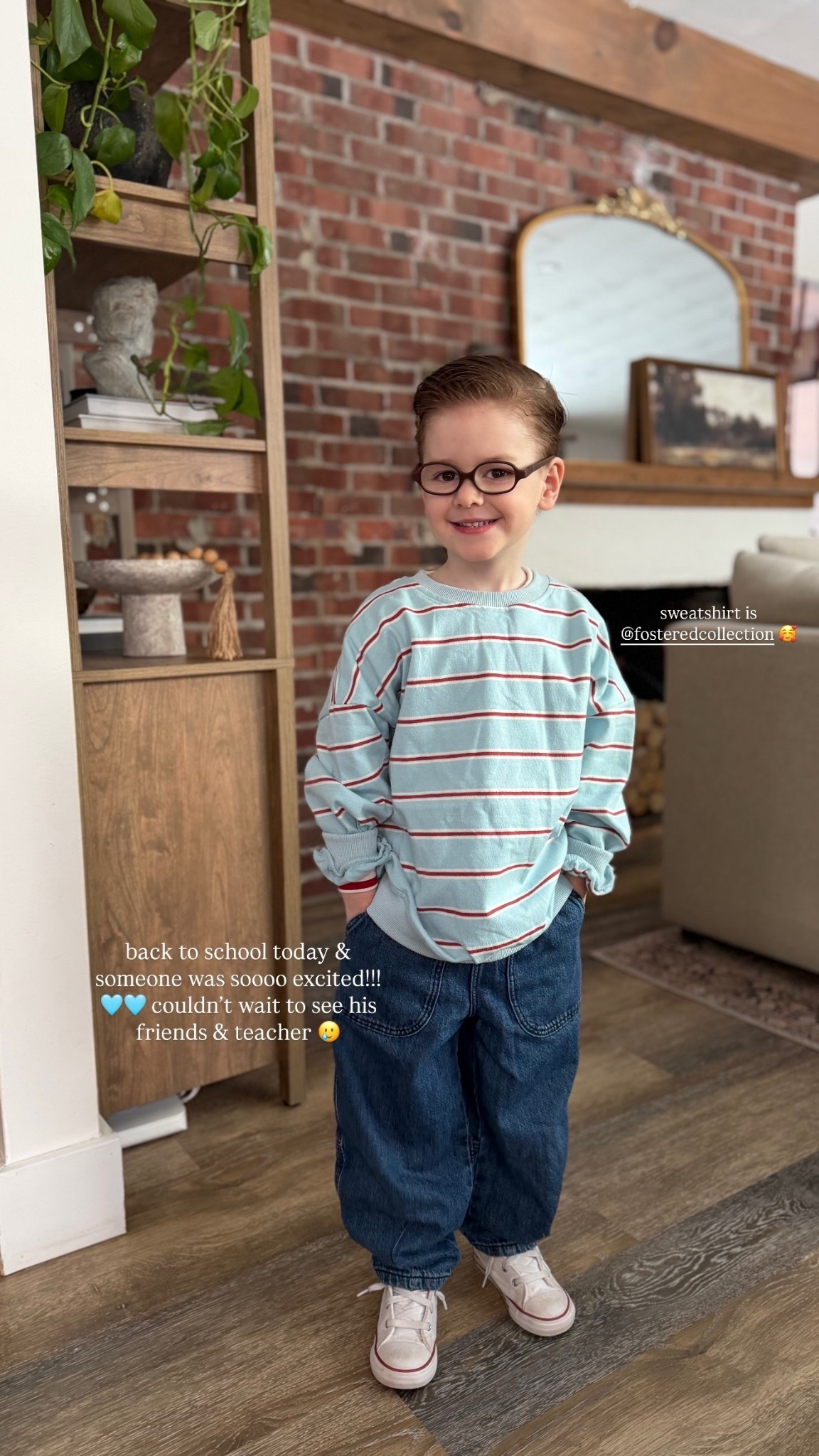 back to school today & someone was soooo excited!!! 🩵🩵 couldn’t wait to see his friends & teacher 🥲 sweatshirt is @fosteredcollection 🥰