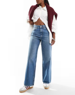 ASOS DESIGN wide leg dad jeans in dark mid blue | ASOS (Global)