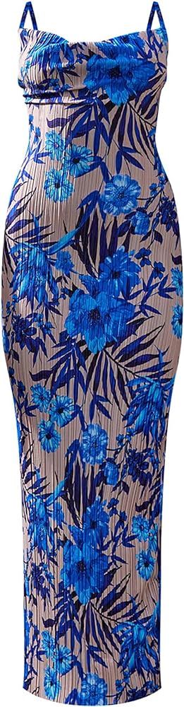 Cowl Neck Printed Plisse Maxi Dress Sleeveless Tank Dress Summer Beach Dresses | Amazon (US)