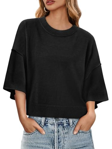 Saodimallsu Womens Short Sleeve Sweater Summer Oversized Cropped Sweaters Casual Crewneck Lightwe... | Amazon (US)