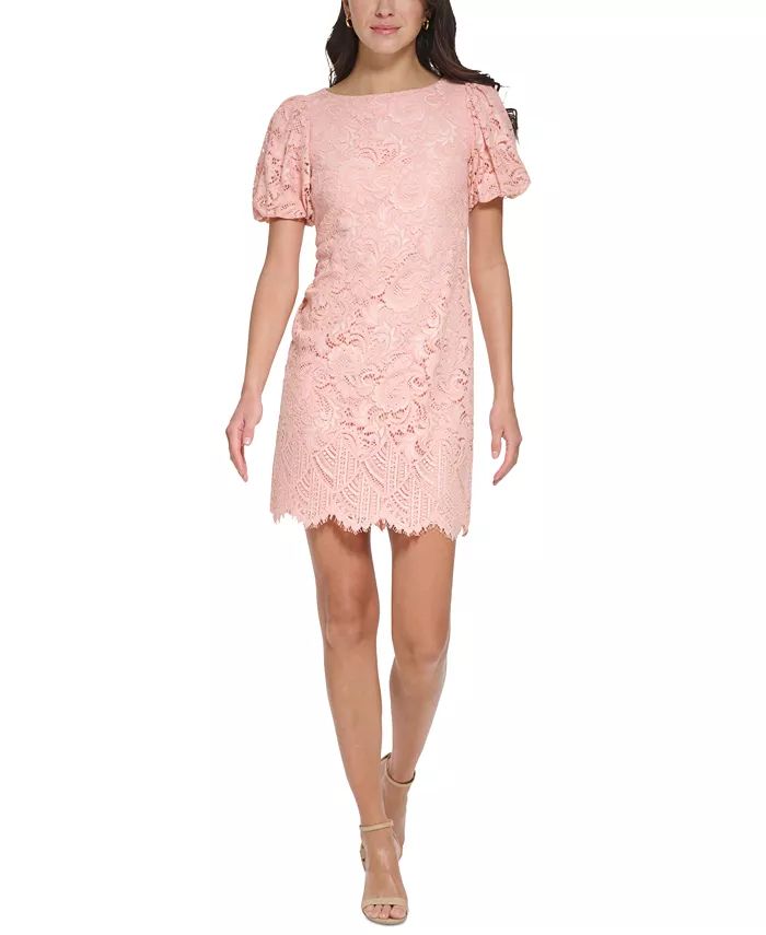 Petite Lace Puff-Sleeve Scalloped-Hem Dress | Macys (US)