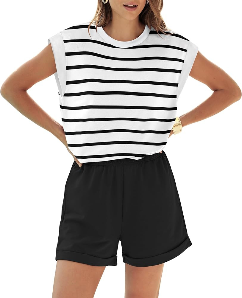 2 Piece Outfits for Women Lightweight Matching Lounge Sets Cap Sleeve Top and Elastic Waisted Sho... | Amazon (US)