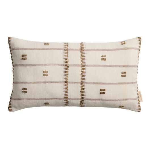 Ivory and Brown Silk Blend Squares Lumbar Pillow by World Market | World Market