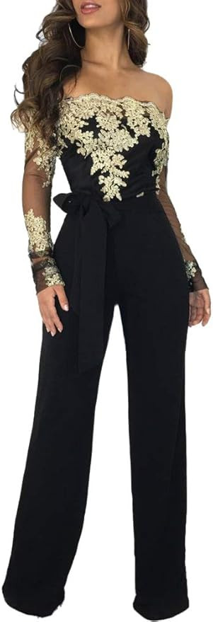 Ophestin Women Sexy Off Shoulder Floral Lace Long Sleeve Bodycon Wide Leg Jumpsuits Rompers with ... | Amazon (US)