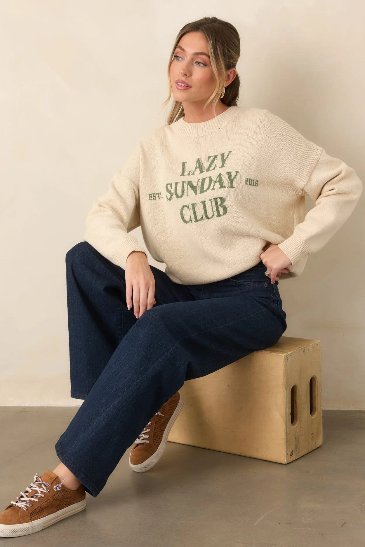 Lazy Sunday Club Ivory Graphic Knit Crewneck Sweater M / Ivory | Red Dress