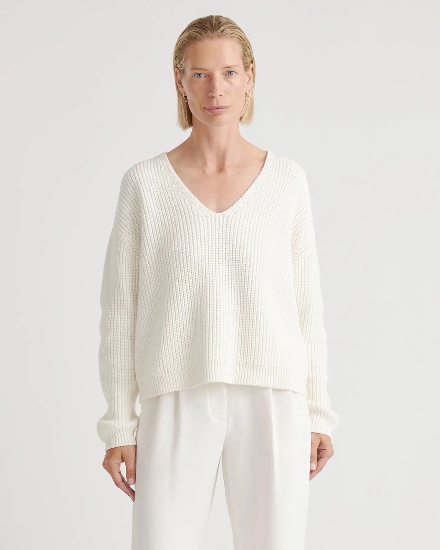 100% Organic Cotton Fisherman V-Neck Sweater | Quince