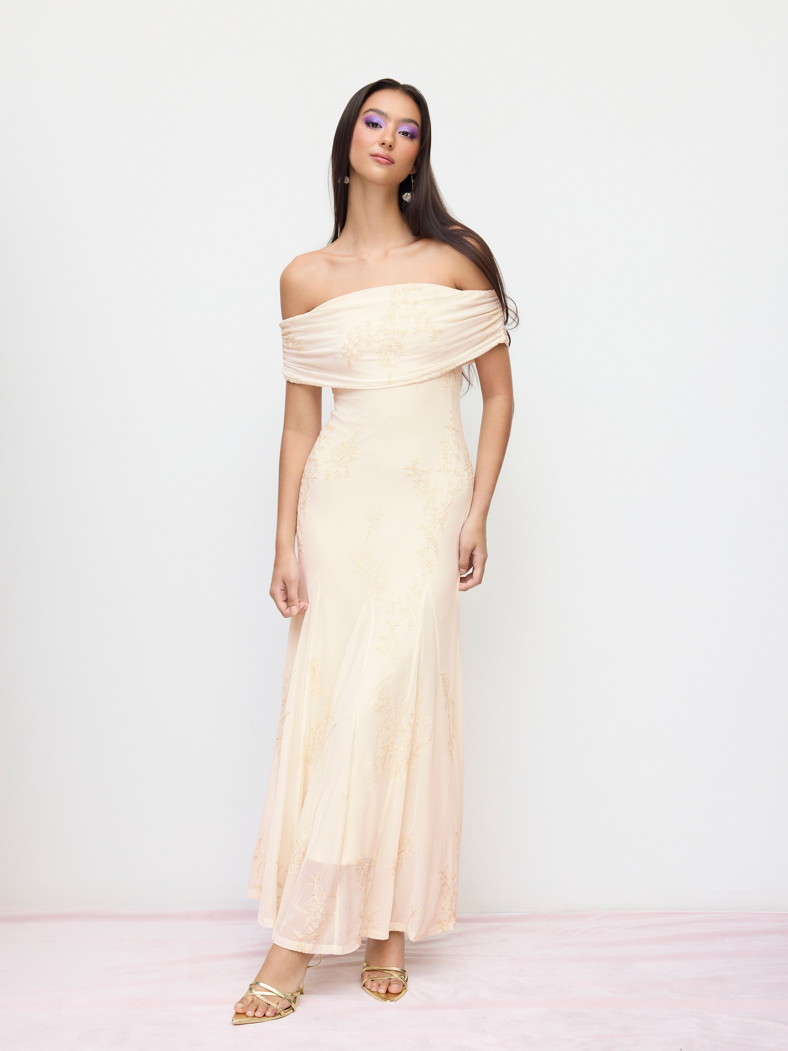 Mesh Mesh Floral Off-shoulder Ruched Mermaid Maxi Dress For Date Wedding | Cider
