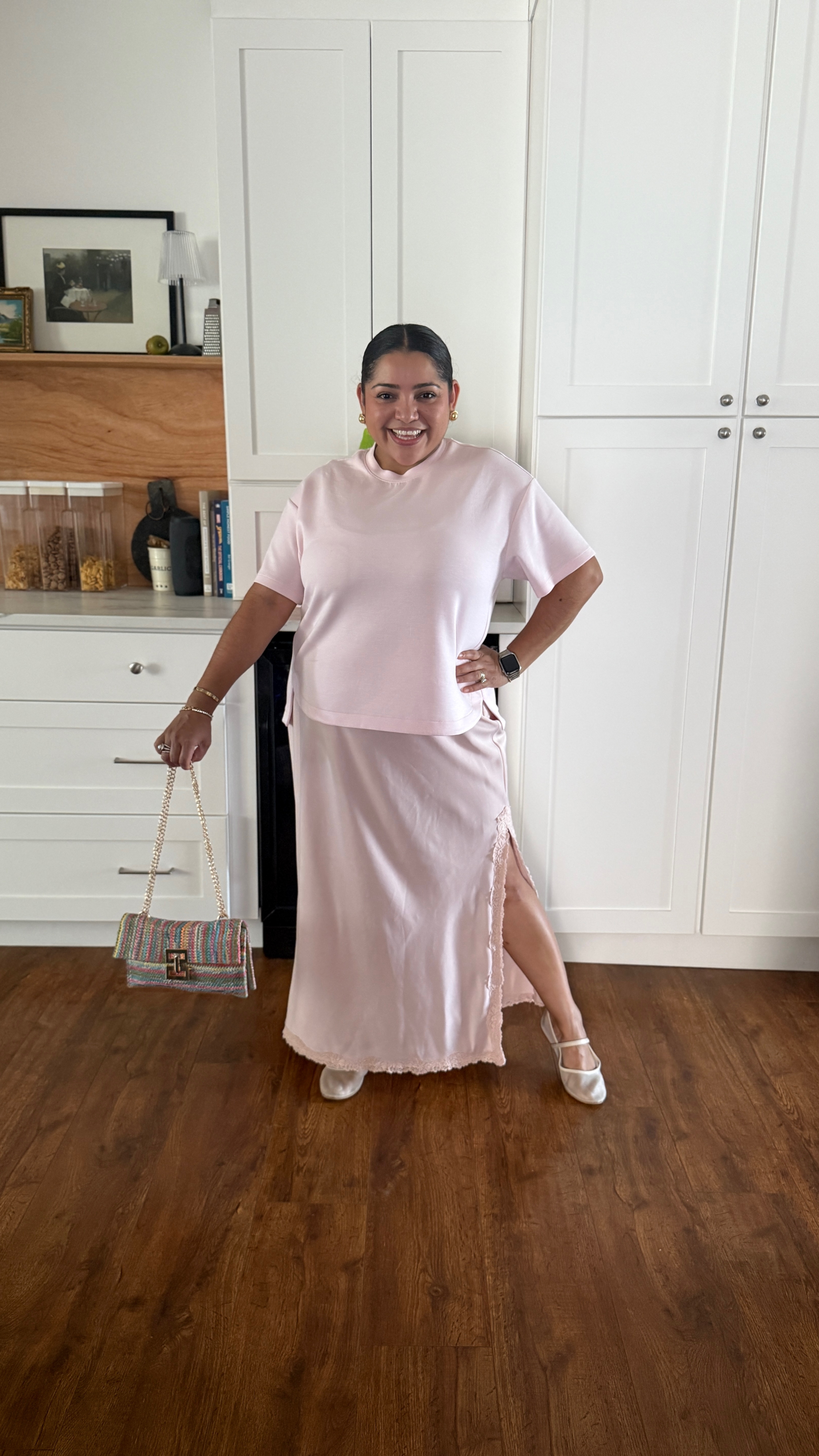 Experimentingwithdecor is leaning into her mean girls era and wearing pink on Wednesdays. This comfortable pink sand wash tee comes in multiple colors and would look great dressed up like you see here with a stain skirt and ballet flats or dressed down either some shorts. 

#LTKSummerEdit #LTKMidsize #LTKPetite