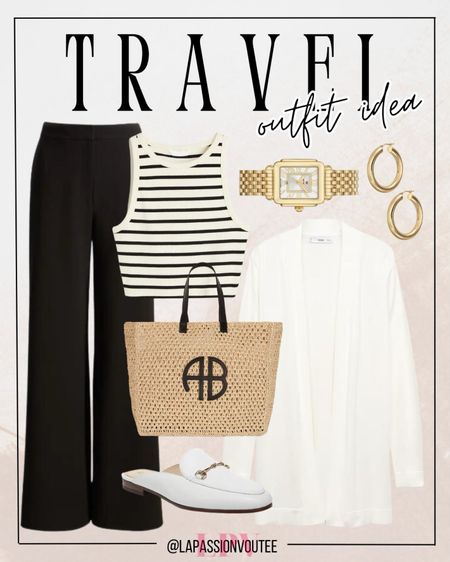 Elevate your travel style with this trendy ensemble: a chic knitted coat over a crop tank top and wide-leg pants, paired with chunky hoop earrings and a gold watch. A large tote bag and stylish mules complete this effortlessly sophisticated look, perfect for your next journey.

#LTKTravel #LTKSeasonal #LTKStyleTip