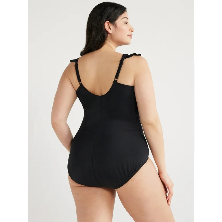 Time and Tru Women's and Women's Plus Solid Ruffle Sleeve One Piece Swimsuit, Sizes S-3X | Walmart (US)