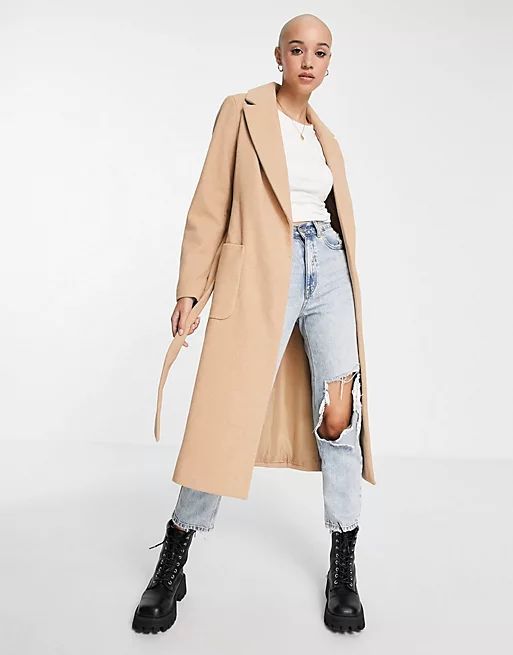 New Look belted longline coat in camel | ASOS (Global)