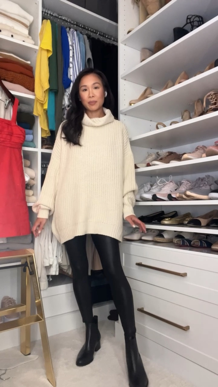 Fall and winter outfit with oversized turtleneck sweater in size XS paired with faux leather leggings in size XS and black leather booties for a chic look. The whole outfit is on sale for the Nordstrom Anniversary Sale! Open to everyone 

#LTKStyleTip #LTKxNSale #LTKSaleAlert