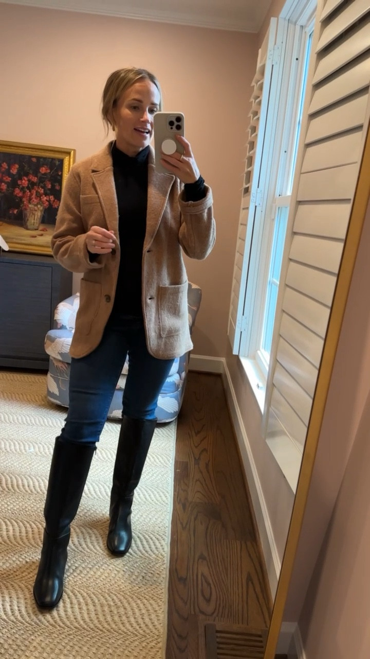 These maternity jeans feel AMAZING and fit true to size, the Boiled Wool Sweater Blazer is cozy and polished for fall, and the boots are the most comfortable tall boots I’ve ever put on, EVER. The fit is true to size. My black turtleneck is old, so I linked a few options below. EVERYTHING on Madewell’s website is 20% off for Insiders (free to join).

#LTKSale#LTKSeasonal