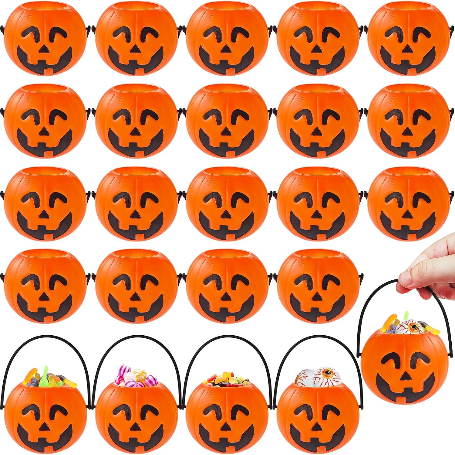 24 Pcs Mini Halloween Portable Pumpkin Bucket,2.8 In Plastic Pumpkin Candy Bucket,Trick or Treat Candy Pail Holder for Halloween Party Favor,Decoration Props | Amazon (US)