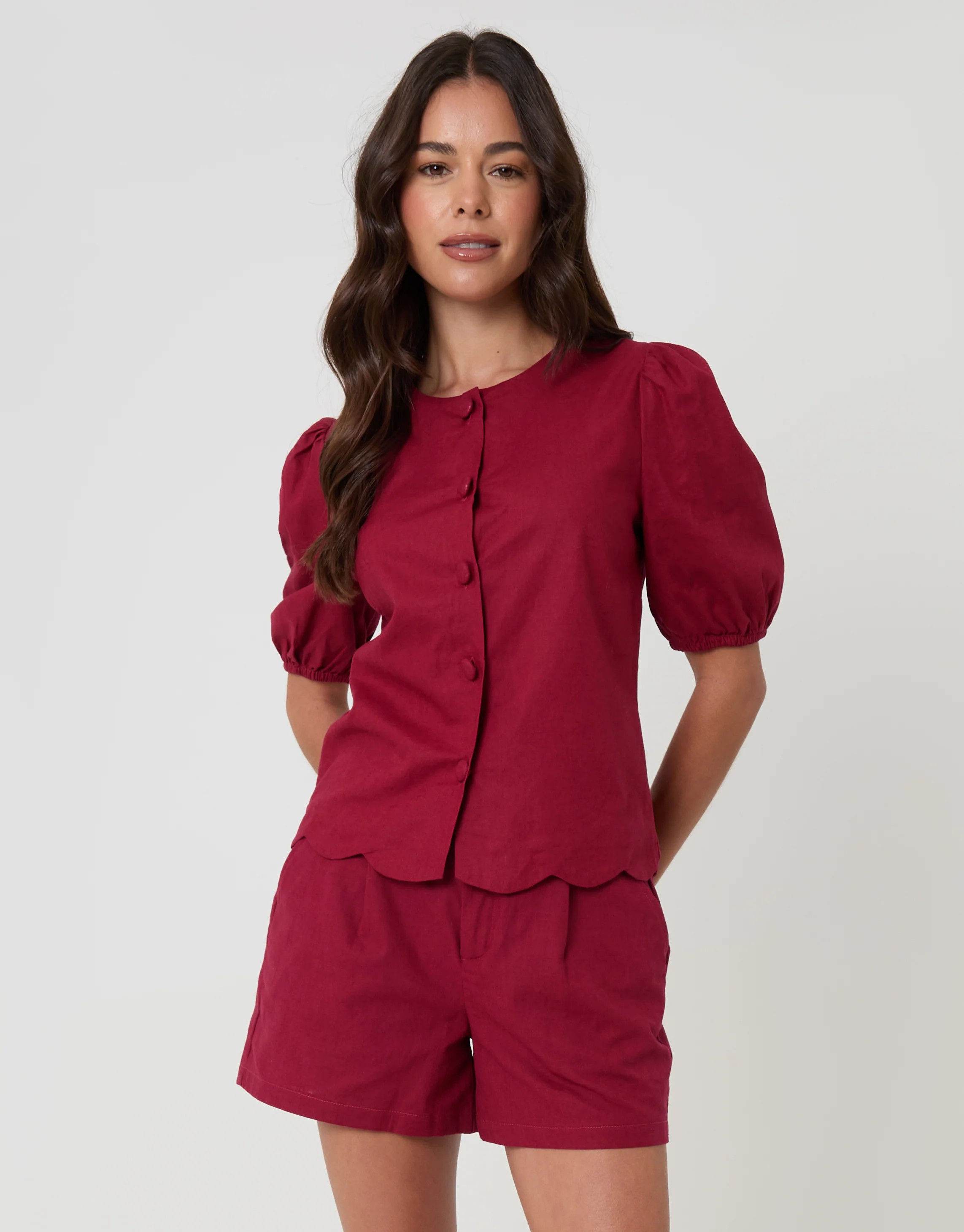 Red Linen Blend Puff Sleeve Top | Threadbare