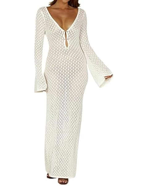 Crochet Swimsuit Cover Up for Women V Neck Maxi Beach Dress Long Sleeve Beachwear Hollow Out Biki... | Amazon (US)