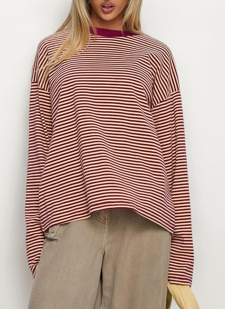 FeMereina Striped Long Sleeve Shirt Women Y2k Oversized Crewneck Vintage Tops Fall Winter Drop Sh... | Amazon (UK)