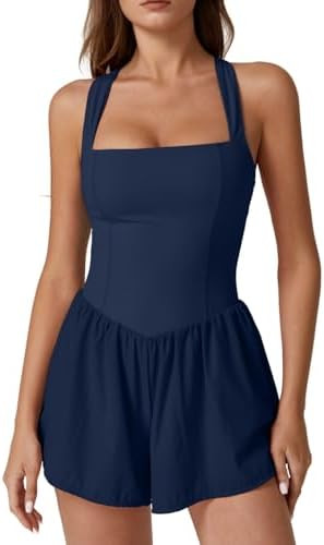 QINSEN Women's Square Neck Sleeveless Romper Jumpsuit Casual Summer One Piece Outfit with Pocket | Amazon (US)