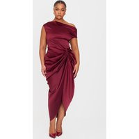 Plus Burgundy Satin Off The Shoulder Draped Skirt Midi Dress | PrettyLittleThing US