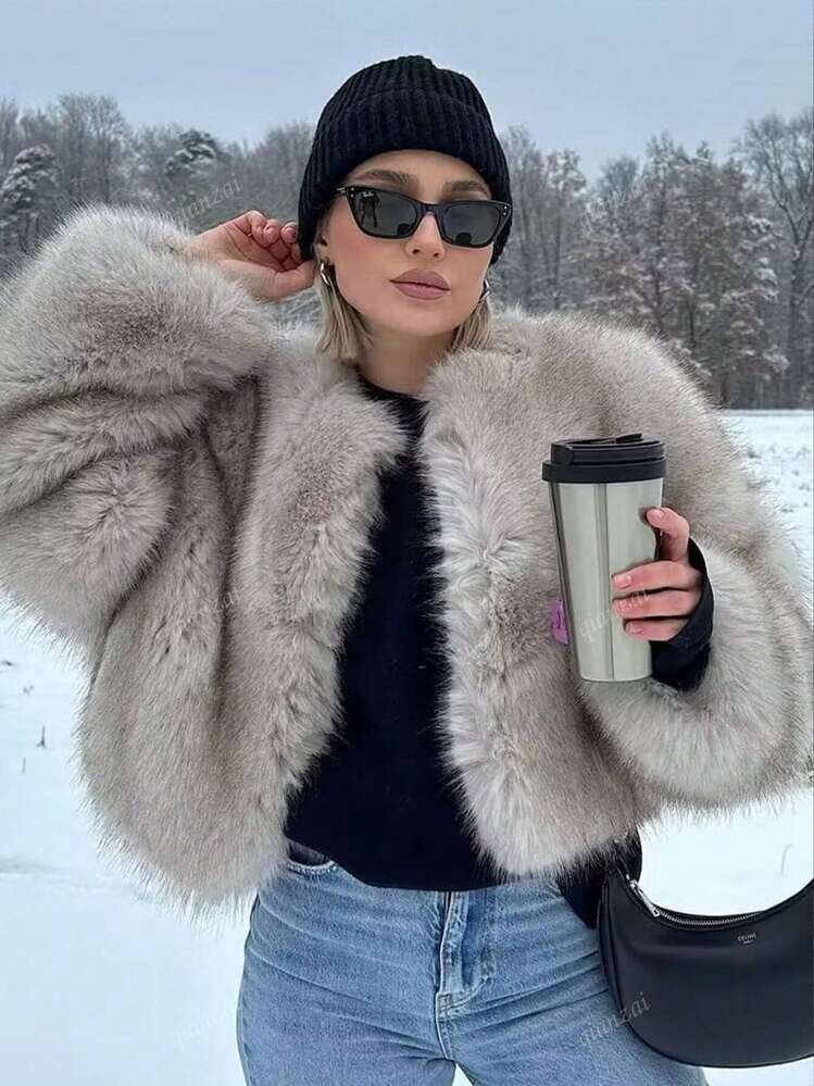 Cropped Faux Fur Jacket Female Fluffy Winter Woman Coat Luxury Elegant Womens Jacket | SHEIN