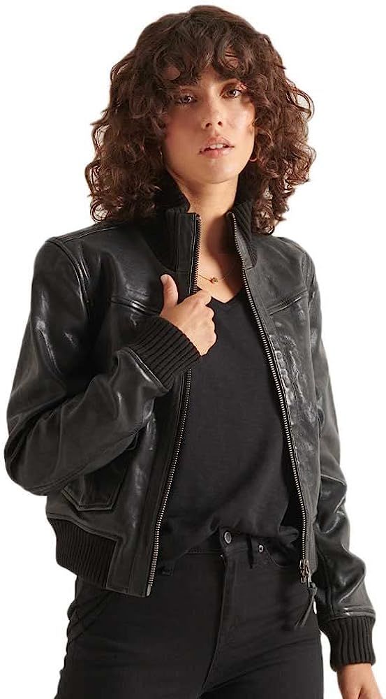 Superdry Womens Knitted Collar Leather Bomber Jacket, Slim Fit | Amazon (US)