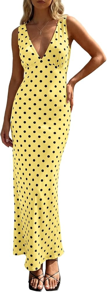 Wenrine Womens Summer Polka Dot Maxi Dress Mesh Wedding Guest Bodycon Sexy V Neck Sleeveless Part... | Amazon (US)
