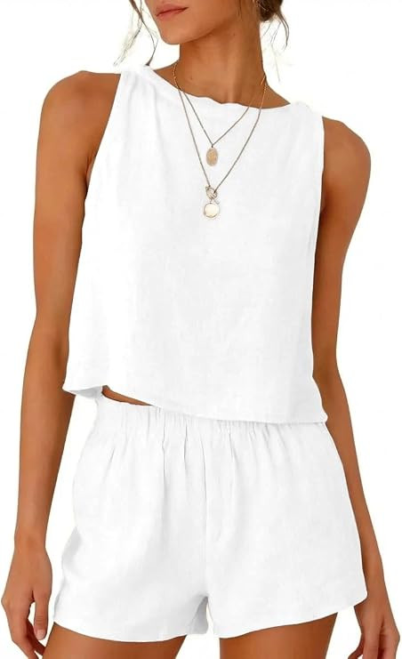 IDEALSANXUN Womens Two Piece Sets Summer Beach Spring Linen Tank Tops and Shorts | Amazon (US)