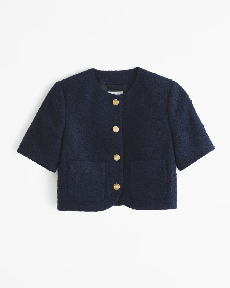 Short-Sleeve Collarless Tweed Jacket | Abercrombie & Fitch (US)