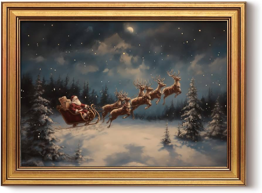 InSimSea Gold Framed Christmas Wall Art, Vintage Canvas Prints Decor, Santa Claus Sleigh Reindeer... | Amazon (US)