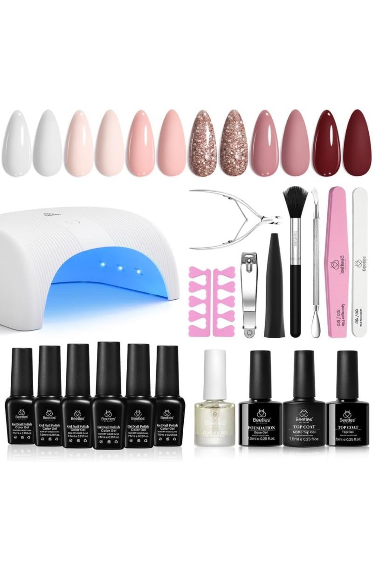 These starter kits I have found an easiest way to get a few colors to start with, and also the UV light. I always start with a mini light to flash my nails, and then I put the full set under this panel light.

#LTKStyleTip #LTKBeauty #LTKFindsUnder100
