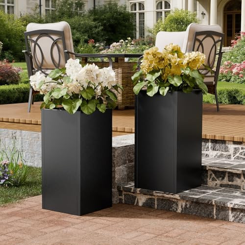 Diyfire Tall Metal Planters Box for Outdoor Plants 2 Pack- 23.6" Modern Steel Tall Square Planter with Removable Insert Shelf, Heavy Duty Pedestal Planter Front Porch Decor Patio Garden, Black | Amazon (US)