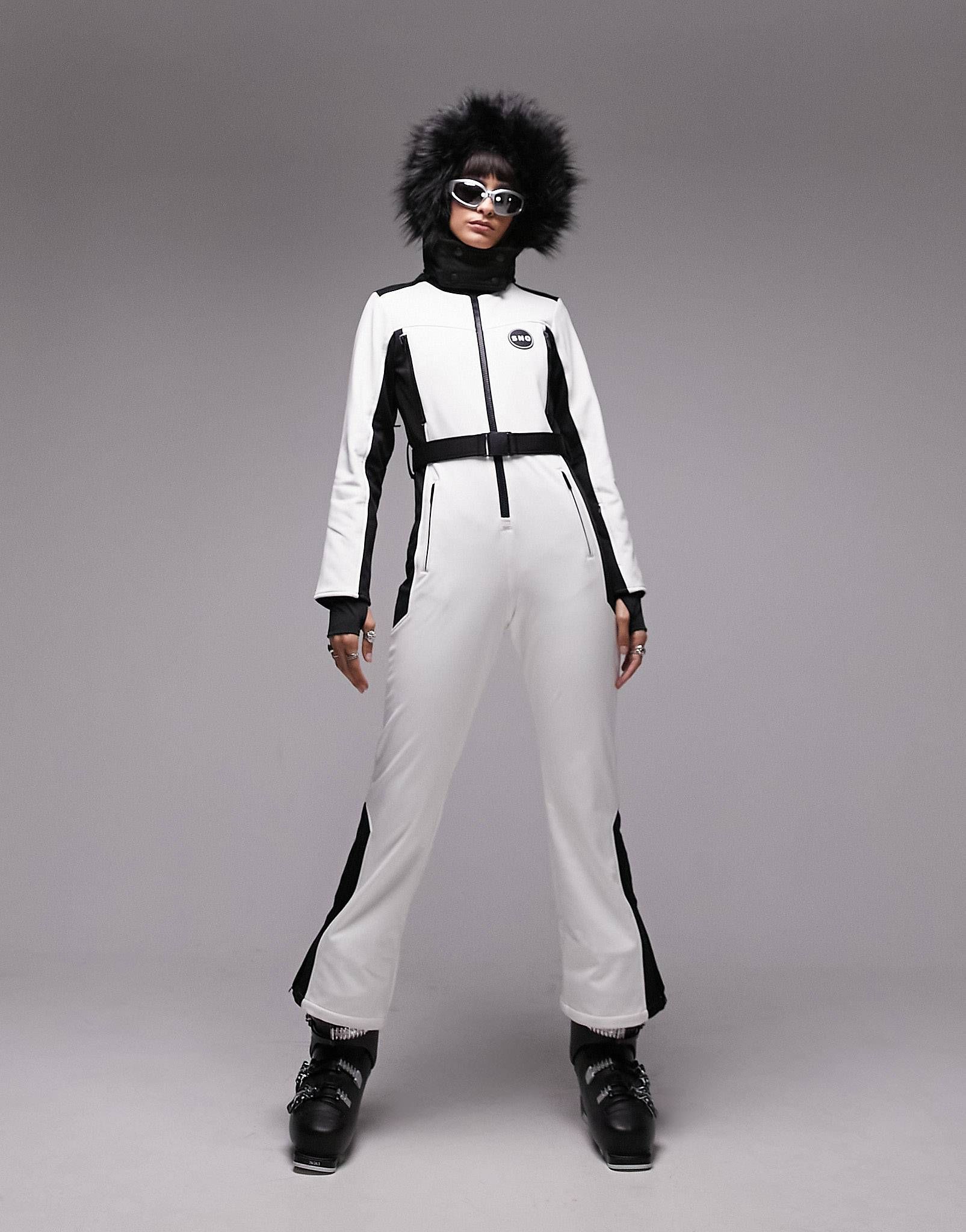 Topshop Sno ski suit with fur hood & belt in white | ASOS (Global)