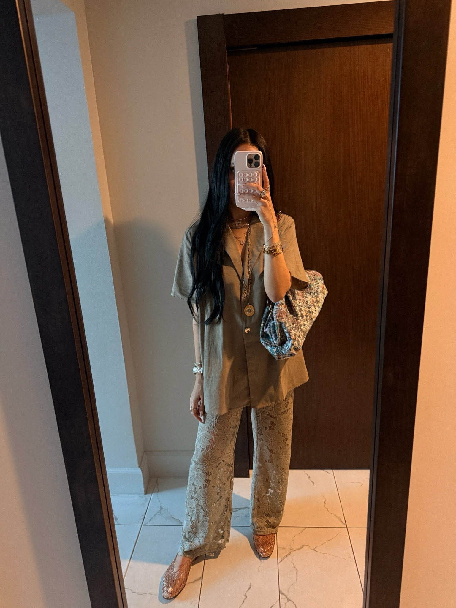 The fit is great but the accessories really make it. Linking the jewels, etc…

Jelly flats are super comfy and true to size.

Code RACH20 on sequin jewelry.